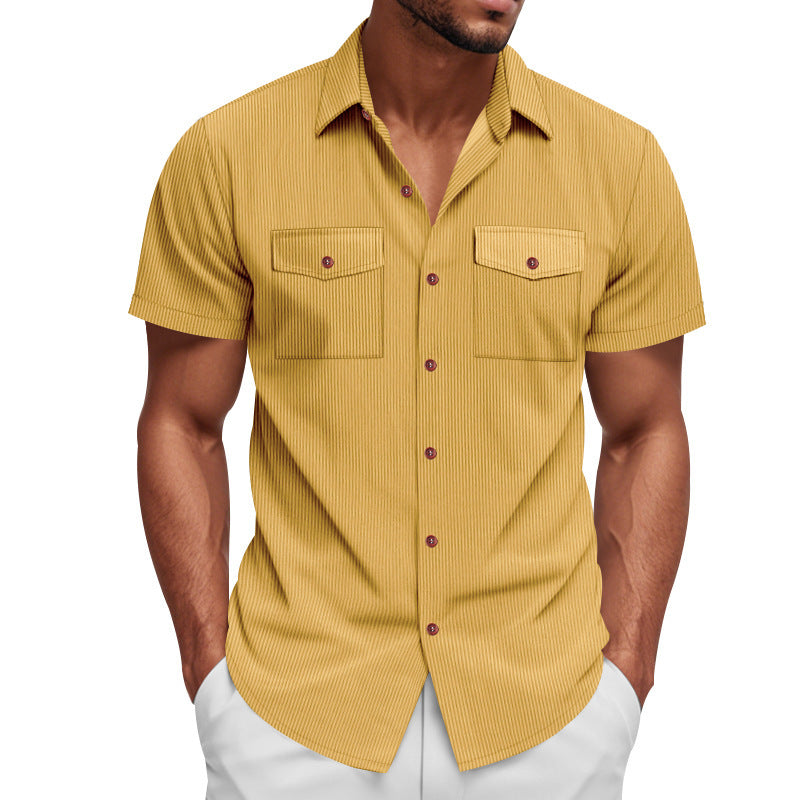 Solid Color Casual Short Sleeve Polyester Blouse With Lapel For Men