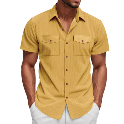 Solid Color Casual Short Sleeve Polyester Blouse With Lapel For Men