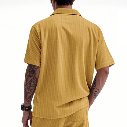 Solid Color Casual Short Sleeve Polyester Blouse With Lapel For Men