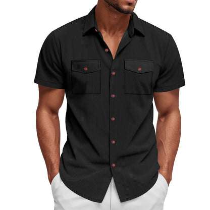 Solid Color Casual Short Sleeve Polyester Blouse With Lapel For Men
