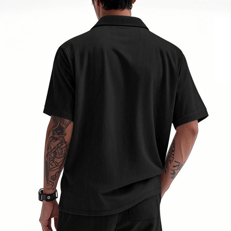 Solid Color Casual Short Sleeve Polyester Blouse With Lapel For Men