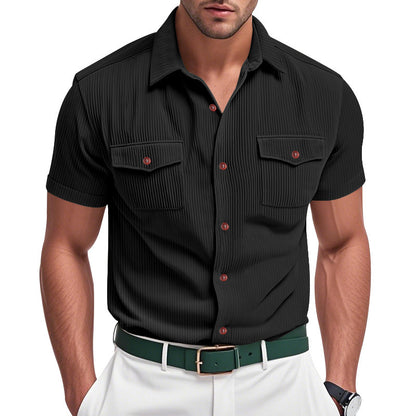 Solid Color Casual Short Sleeve Polyester Blouse With Lapel For Men