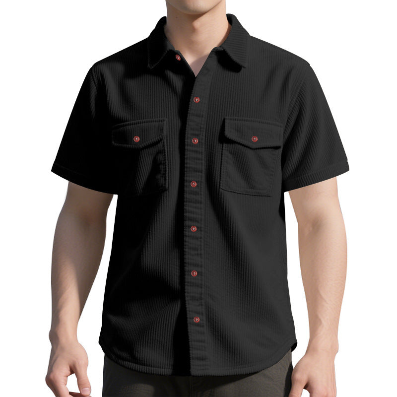 Solid Color Casual Short Sleeve Polyester Blouse With Lapel For Men