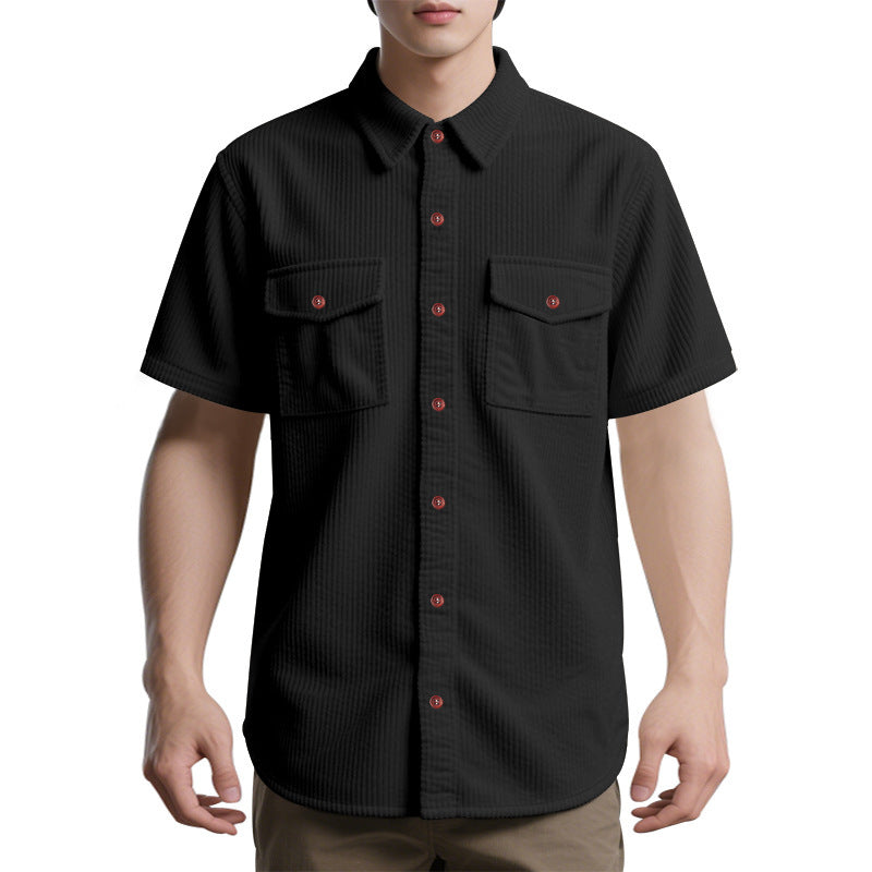 Solid Color Casual Short Sleeve Polyester Blouse With Lapel For Men
