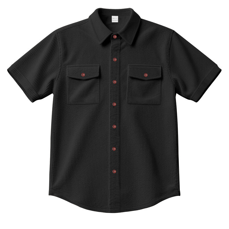 Solid Color Casual Short Sleeve Polyester Blouse With Lapel For Men