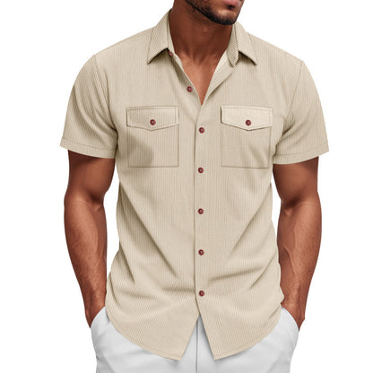 Solid Color Casual Short Sleeve Polyester Blouse With Lapel For Men