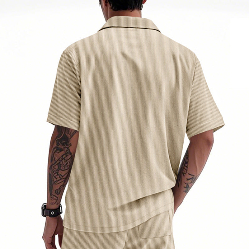 Solid Color Casual Short Sleeve Polyester Blouse With Lapel For Men