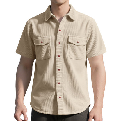 Solid Color Casual Short Sleeve Polyester Blouse With Lapel For Men