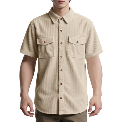 Solid Color Casual Short Sleeve Polyester Blouse With Lapel For Men
