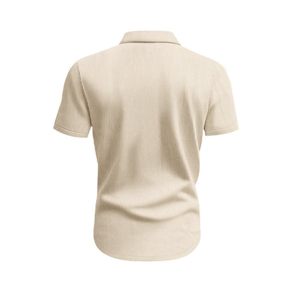 Solid Color Casual Short Sleeve Polyester Blouse With Lapel For Men