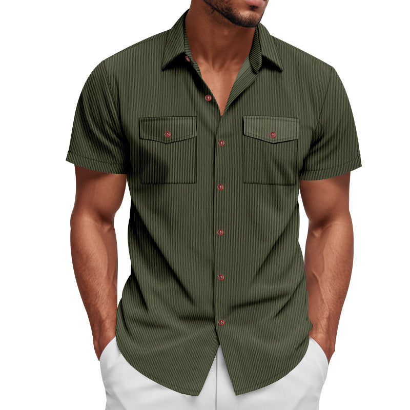 Solid Color Casual Short Sleeve Polyester Blouse With Lapel For Men