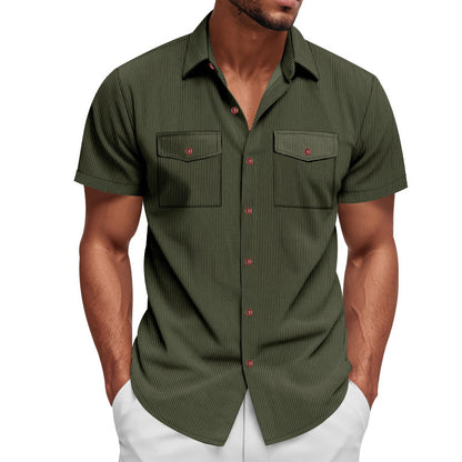 Solid Color Casual Short Sleeve Polyester Blouse With Lapel For Men