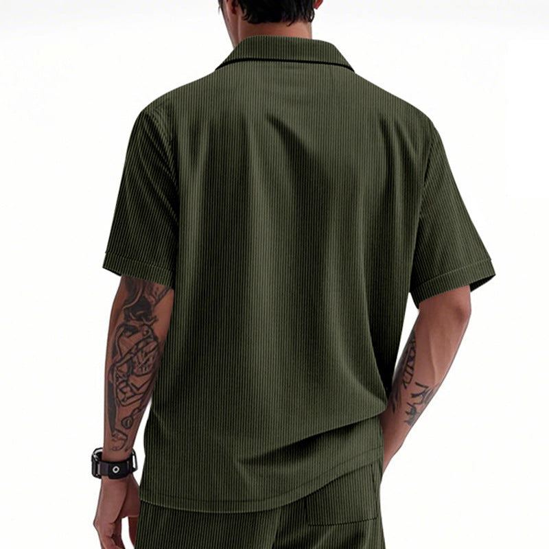 Solid Color Casual Short Sleeve Polyester Blouse With Lapel For Men