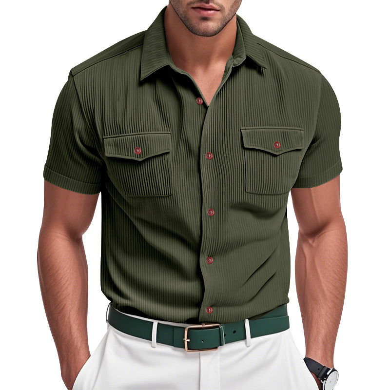 Solid Color Casual Short Sleeve Polyester Blouse With Lapel For Men