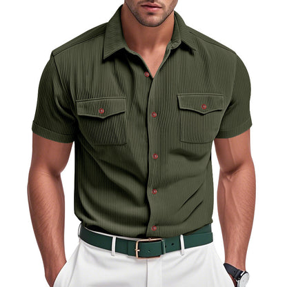 Solid Color Casual Short Sleeve Polyester Blouse With Lapel For Men