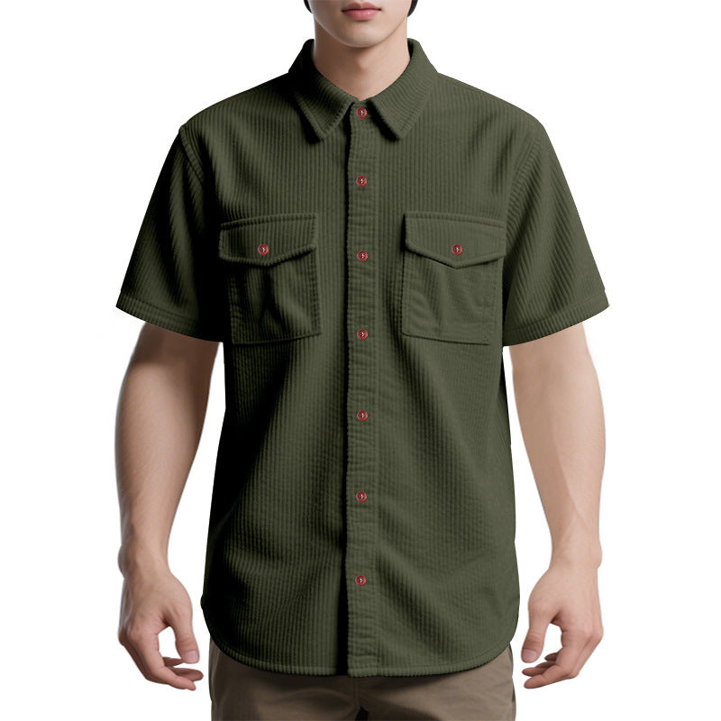 Solid Color Casual Short Sleeve Polyester Blouse With Lapel For Men
