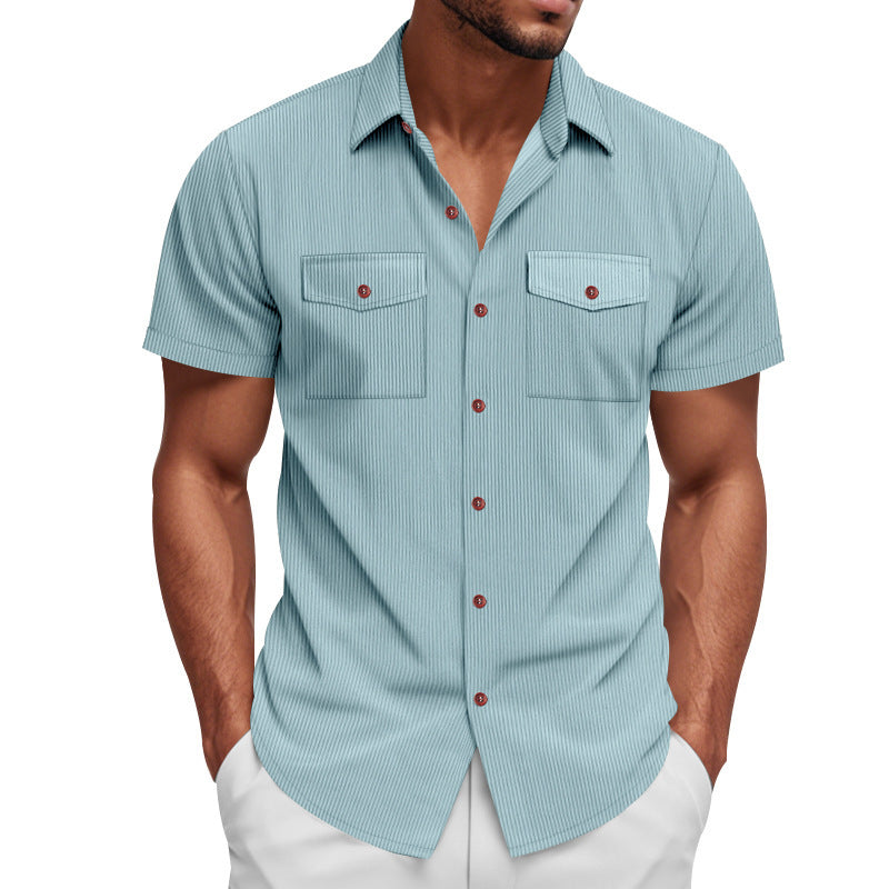 Solid Color Casual Short Sleeve Polyester Blouse With Lapel For Men