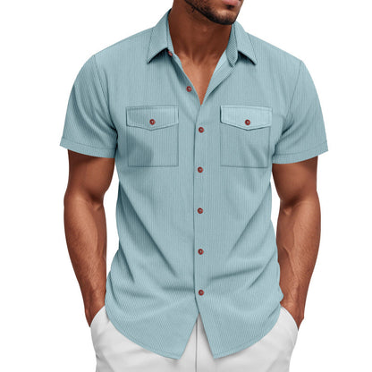 Solid Color Casual Short Sleeve Polyester Blouse With Lapel For Men