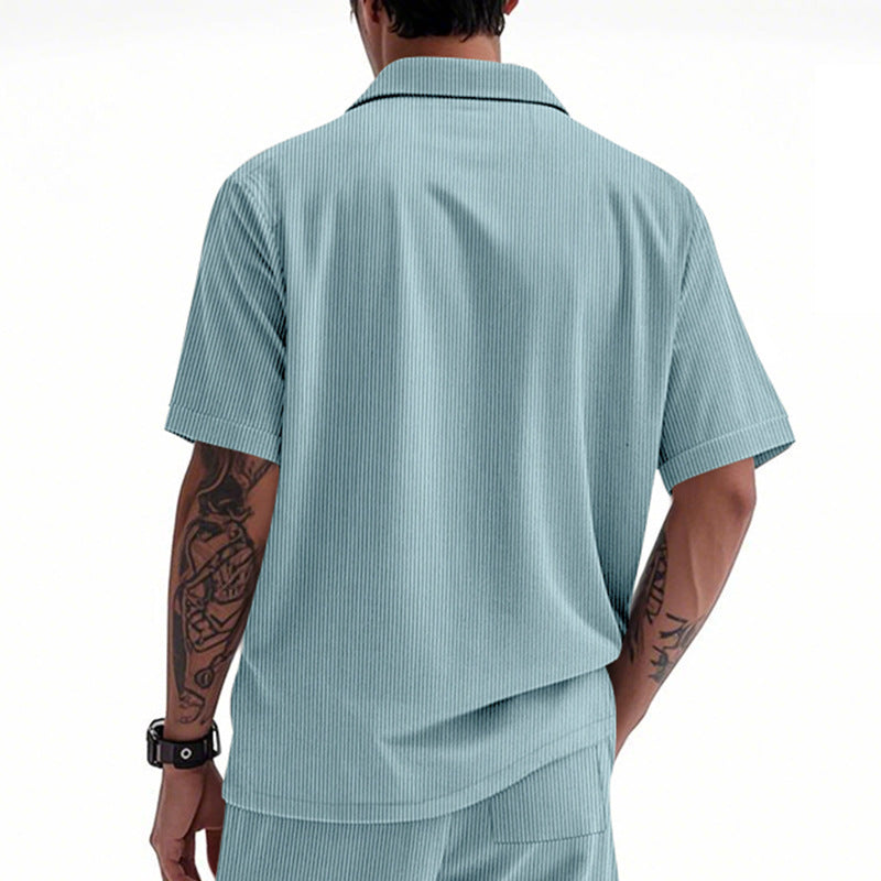 Solid Color Casual Short Sleeve Polyester Blouse With Lapel For Men
