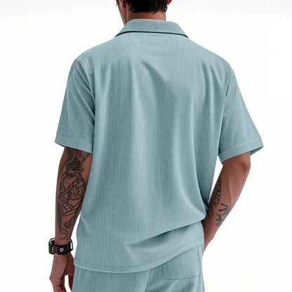Solid Color Casual Short Sleeve Polyester Blouse With Lapel For Men