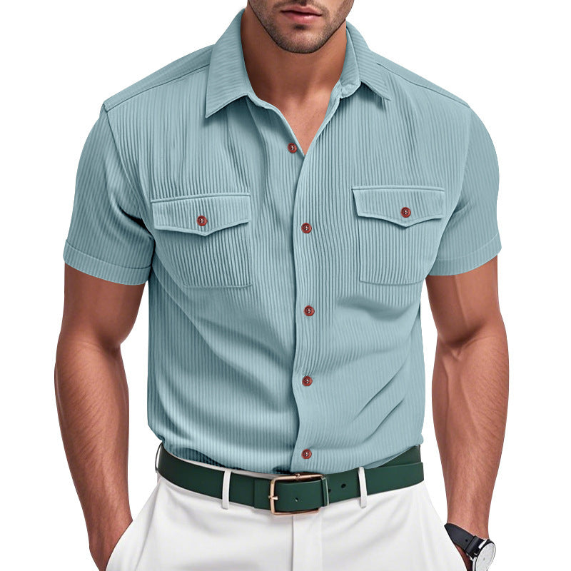Solid Color Casual Short Sleeve Polyester Blouse With Lapel For Men