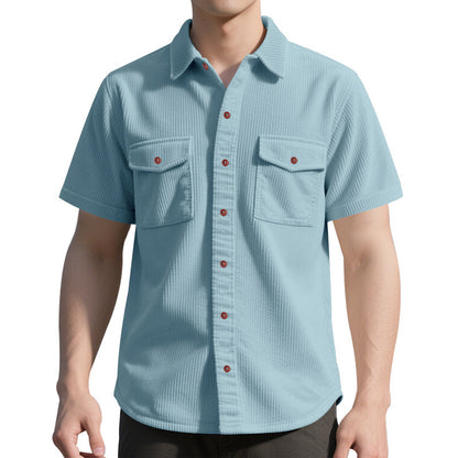 Solid Color Casual Short Sleeve Polyester Blouse With Lapel For Men