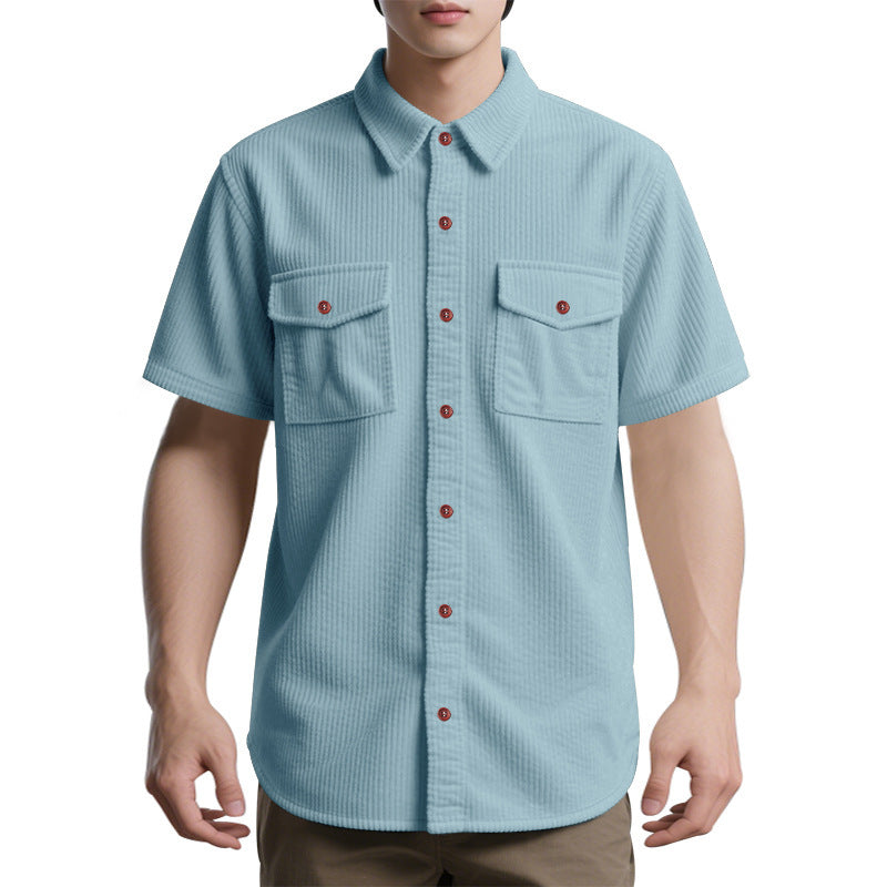 Solid Color Casual Short Sleeve Polyester Blouse With Lapel For Men