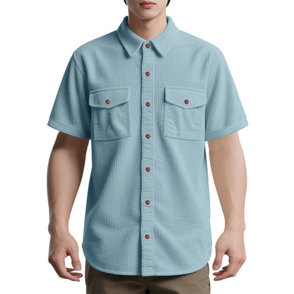 Solid Color Casual Short Sleeve Polyester Blouse With Lapel For Men