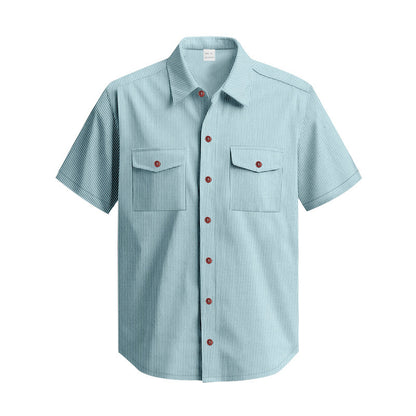 Solid Color Casual Short Sleeve Polyester Blouse With Lapel For Men