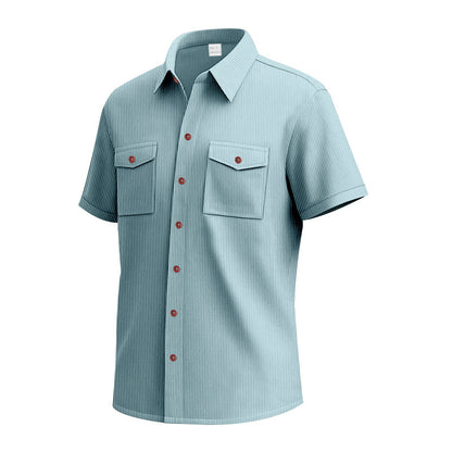 Solid Color Casual Short Sleeve Polyester Blouse With Lapel For Men