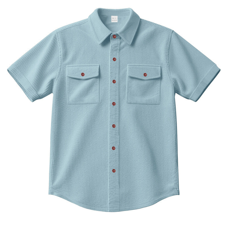 Solid Color Casual Short Sleeve Polyester Blouse With Lapel For Men