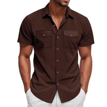 Solid Color Casual Short Sleeve Polyester Blouse With Lapel For Men