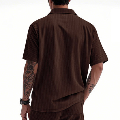 Solid Color Casual Short Sleeve Polyester Blouse With Lapel For Men