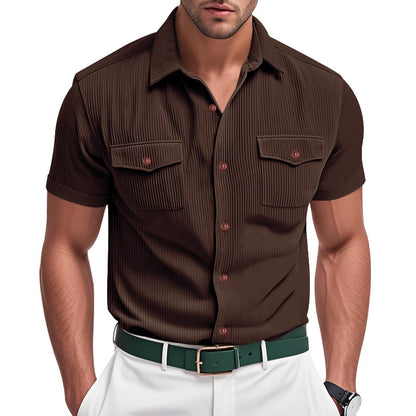 Solid Color Casual Short Sleeve Polyester Blouse With Lapel For Men