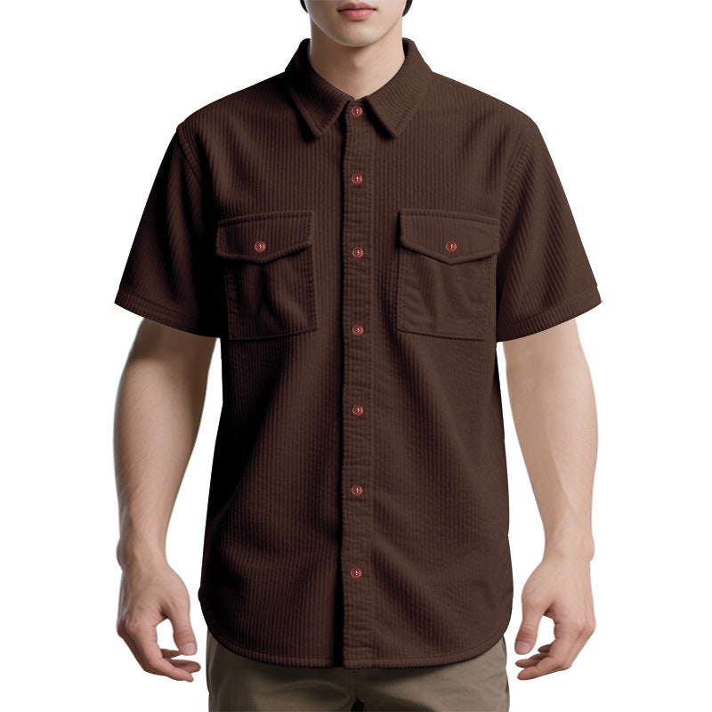 Solid Color Casual Short Sleeve Polyester Blouse With Lapel For Men