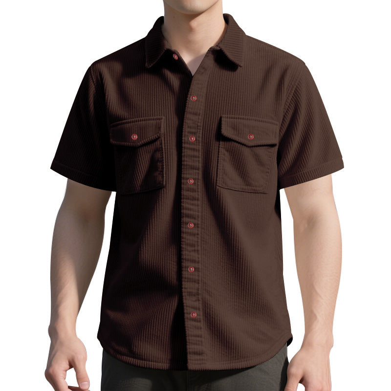Solid Color Casual Short Sleeve Polyester Blouse With Lapel For Men