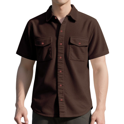 Solid Color Casual Short Sleeve Polyester Blouse With Lapel For Men