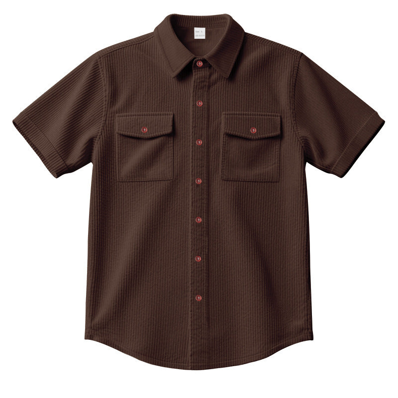 Solid Color Casual Short Sleeve Polyester Blouse With Lapel For Men