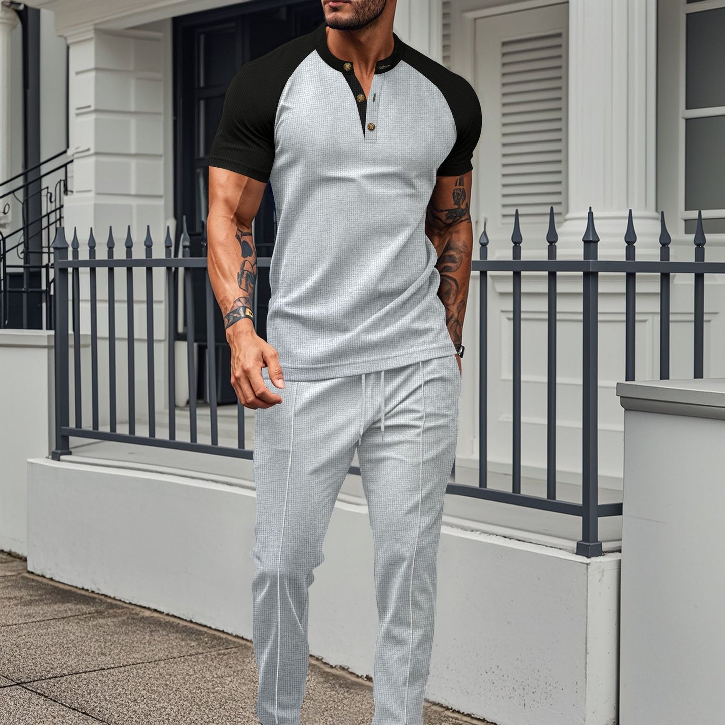 Khaki Color Block T-shirt Co-ord Set In Casual Style With Polyester Fabric, Featuring Round Neck And Short Sleeve For Men