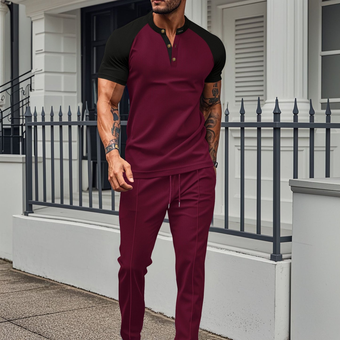 Khaki Color Block T-shirt Co-ord Set In Casual Style With Polyester Fabric, Featuring Round Neck And Short Sleeve For Men