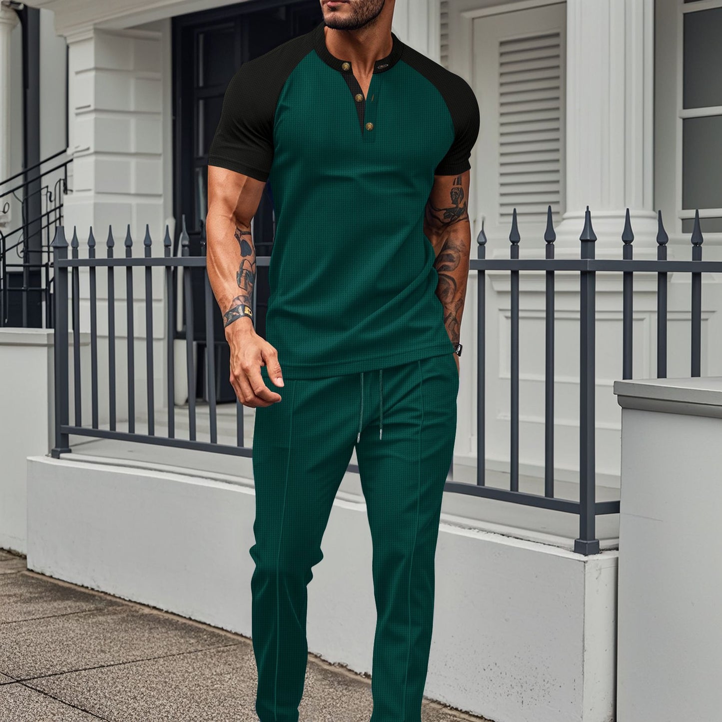 Khaki Color Block T-shirt Co-ord Set In Casual Style With Polyester Fabric, Featuring Round Neck And Short Sleeve For Men