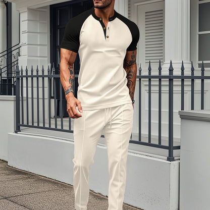 Khaki Color Block T-shirt Co-ord Set In Casual Style With Polyester Fabric, Featuring Round Neck And Short Sleeve For Men