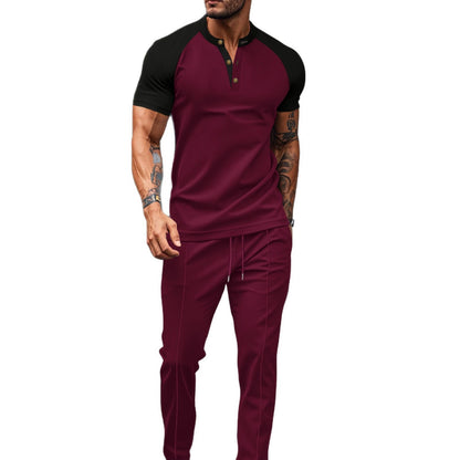 Khaki Color Block T-shirt Co-ord Set In Casual Style With Polyester Fabric, Featuring Round Neck And Short Sleeve For Men