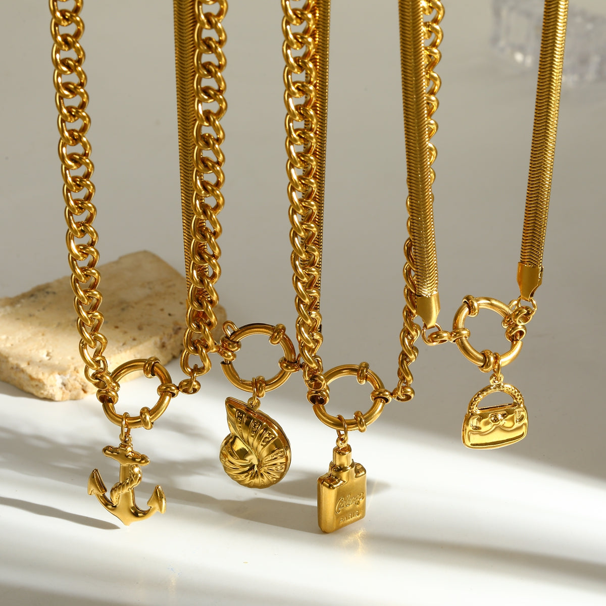 Electroplated Pendant Necklace For Women Made Of 304 Stainless Steel With 18K Real Gold Plated Finish And Flat Snake Chain