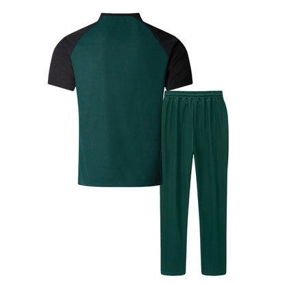 Khaki Color Block T-shirt Co-ord Set In Casual Style With Polyester Fabric, Featuring Round Neck And Short Sleeve For Men