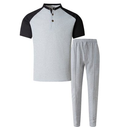Khaki Color Block T-shirt Co-ord Set In Casual Style With Polyester Fabric, Featuring Round Neck And Short Sleeve For Men