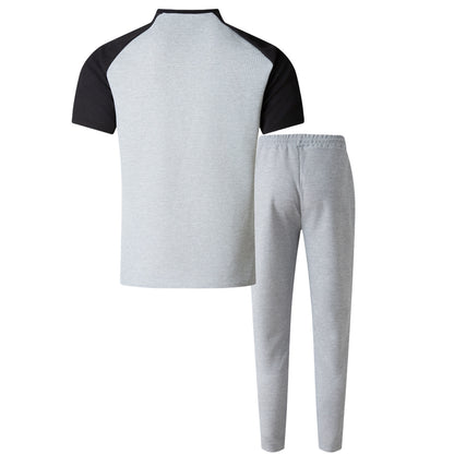 Khaki Color Block T-shirt Co-ord Set In Casual Style With Polyester Fabric, Featuring Round Neck And Short Sleeve For Men