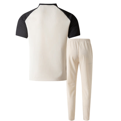 Khaki Color Block T-shirt Co-ord Set In Casual Style With Polyester Fabric, Featuring Round Neck And Short Sleeve For Men