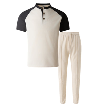 Khaki Color Block T-shirt Co-ord Set In Casual Style With Polyester Fabric, Featuring Round Neck And Short Sleeve For Men