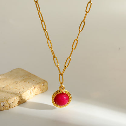 Round Christmas Necklace For Women In 304 Stainless Steel With 18K Real Gold Plated And Natural Stone Inlay